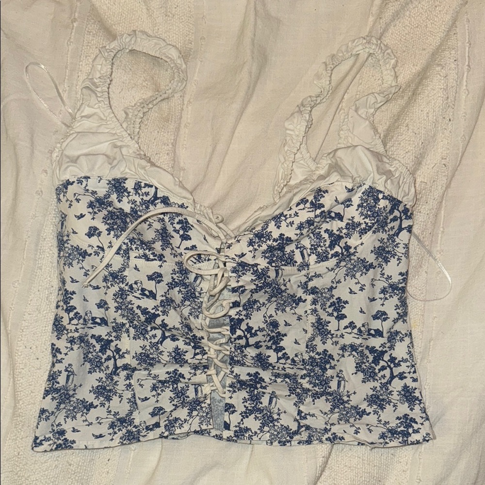 H&M Blue and White Floral Lace-Up Camisole